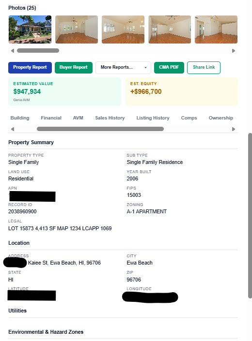 Property card showing photo gallery, Property Report, Buyer Report, and CMA PDF buttons, Genie AVM value, equity, and Environmental & Hazard Zones section
