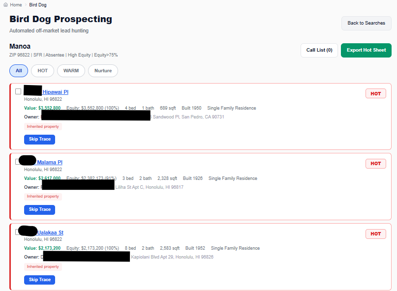 Bird Dog Prospecting screen showing five hot leads with owner names, equity percentages, and skip-trace buttons