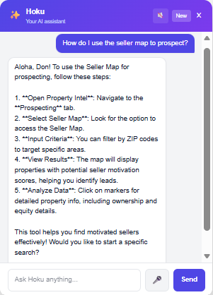 Hoku AI assistant chat showing a step-by-step answer to 'How do I use the seller map to prospect?'